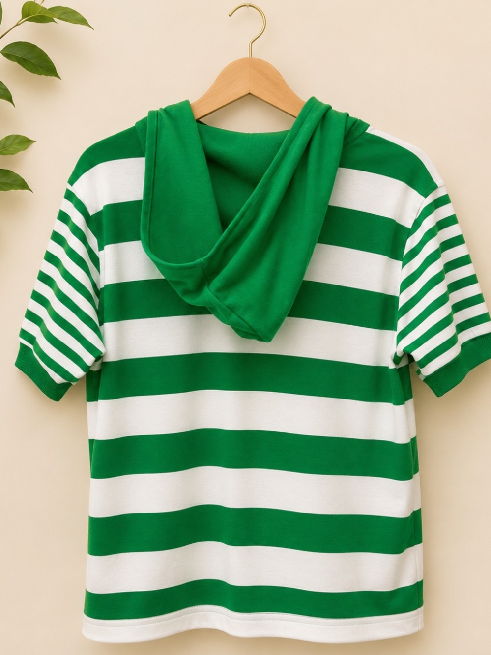 Vintage Jantzen Made in USA Green White Striped Hooded Sweatshirt Short Sleeve